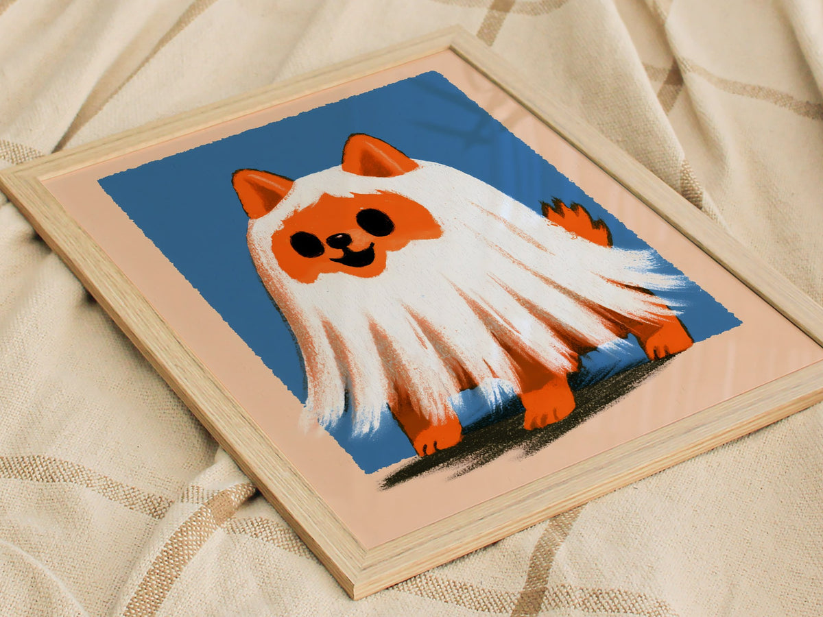 Ghost Dog Poster | Orange and Cobalt Illustrative Art Print | Kids Room Wall Art — styled in an interior