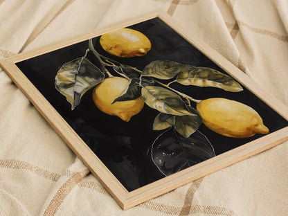 Three Lemons on Black Poster | Yellow and Black Japanese Watercolor Art Print | Kitchen Wall Art — styled in an interior