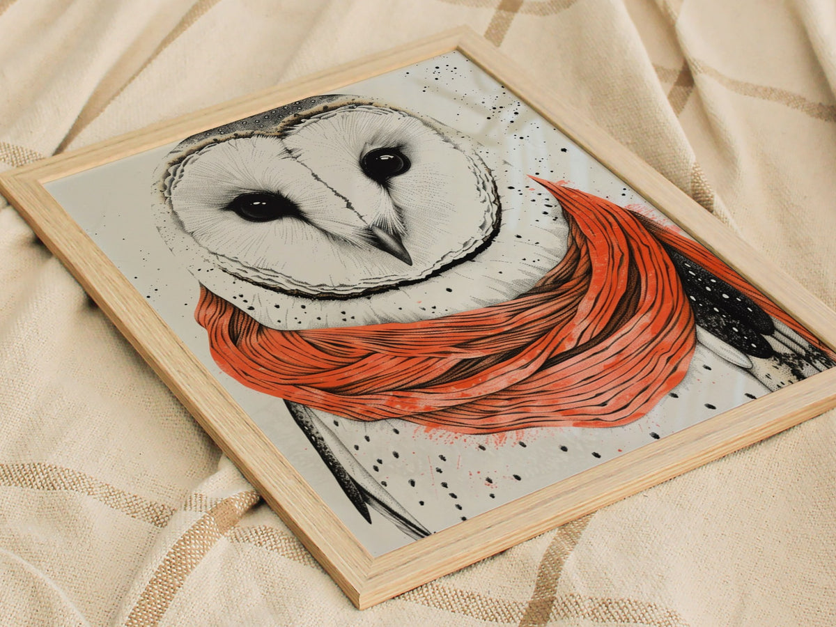 Owl in Scarf Poster | Black and Coral Pen and Ink Art Print | Cottagecore Wall Art — styled in an interior