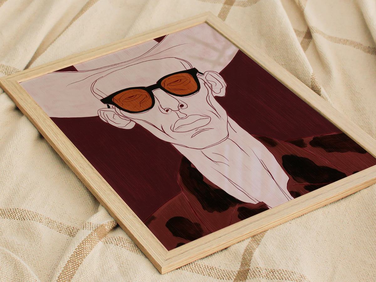 Cowboy Behind Shades Poster | Burgundy Red Illustrative Art Print | Western Gothic Wall Art — styled in an interior