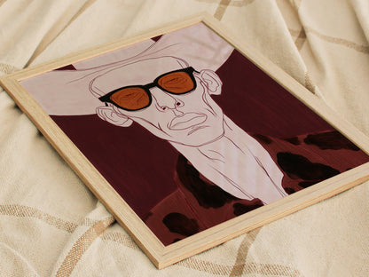 Cowboy Behind Shades Poster | Burgundy Red Illustrative Art Print | Western Gothic Wall Art — styled in an interior