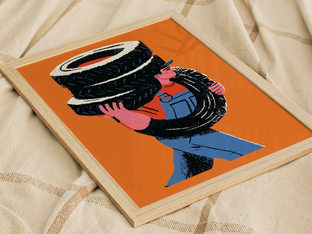 Mechanic Carries Tires Poster | Orange and Blue Illustrative Art Print | Workshop Wall Art — styled in an interior