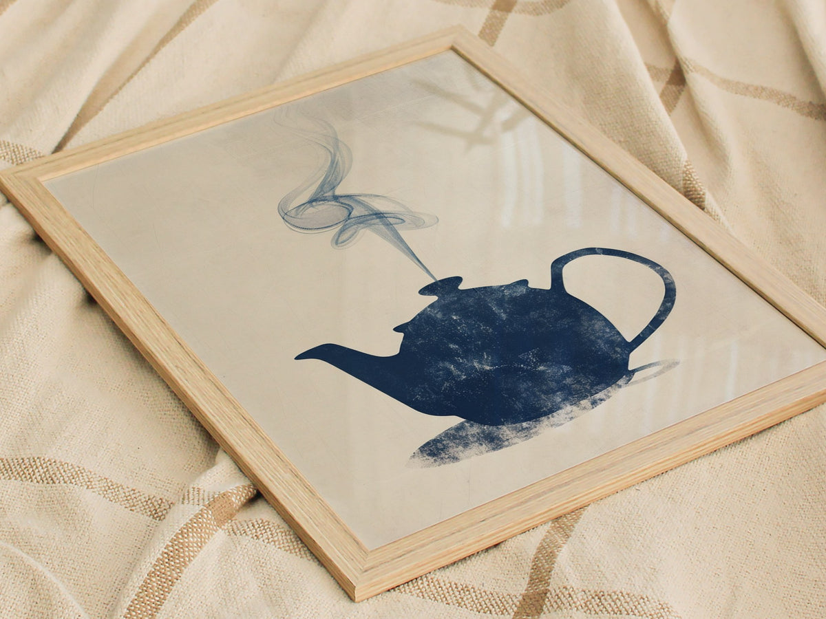 Kettle Steam Poster | Navy and Cream Minimalism Art Print | Kitchen Wall Art — styled in an interior