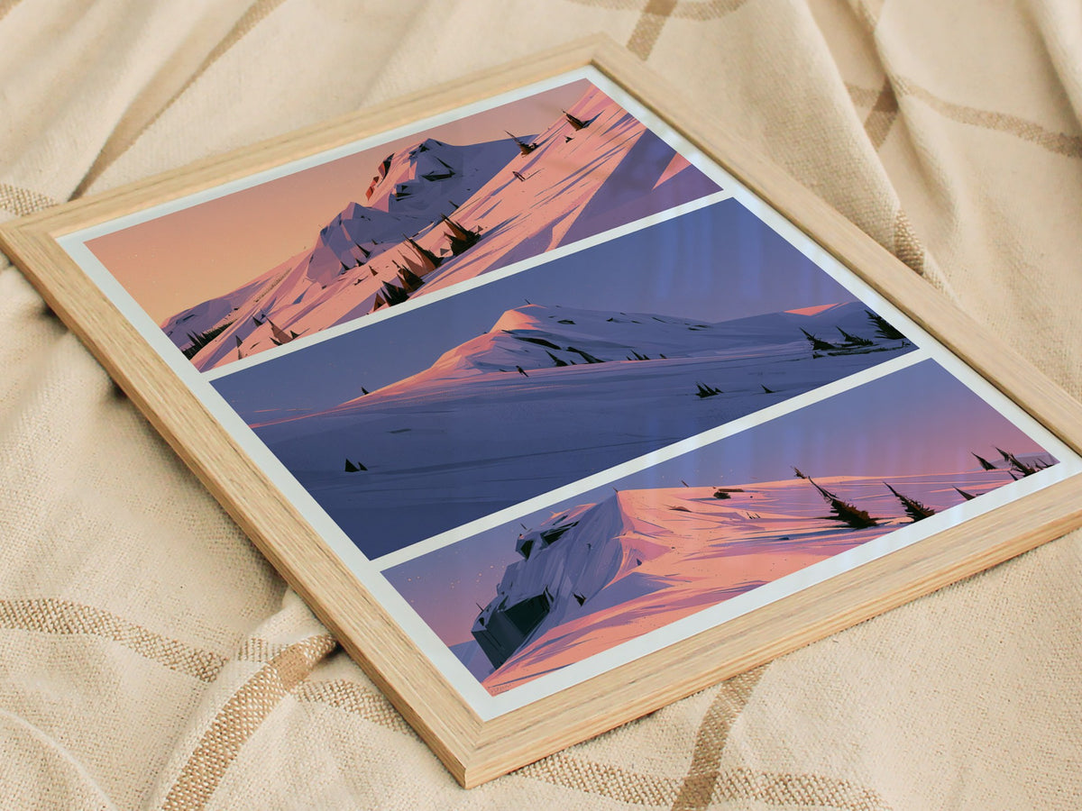 Mountain Waits Dusk Poster | Peach and Lavender Illustrative Art Print | Alpine Minimalist Wall Art — styled in an interior