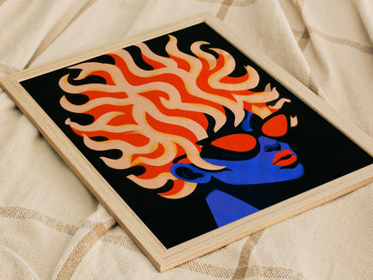 Modern Medusa Poster | Blue and Orange Illustrative Art Print — styled in an interior