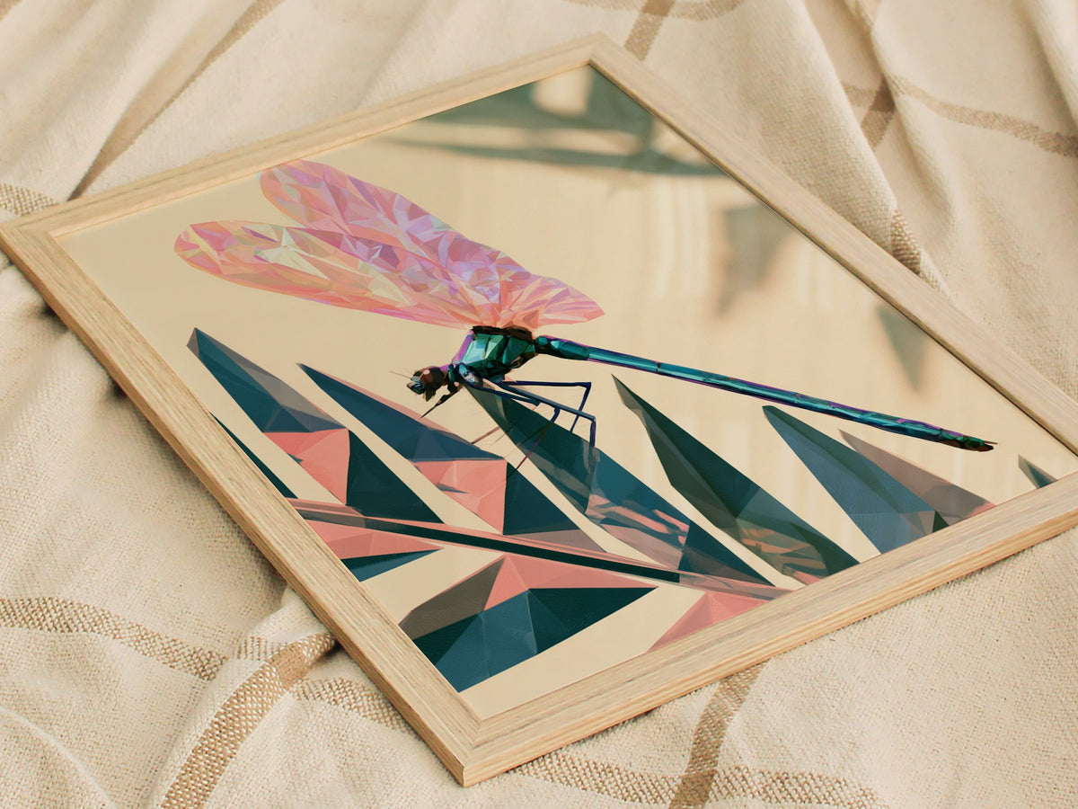 Damselfly Lands Crystal Poster | Teal and Lavender Low Poly Art Print | Modern Minimalist Wall Art — styled in an interior
