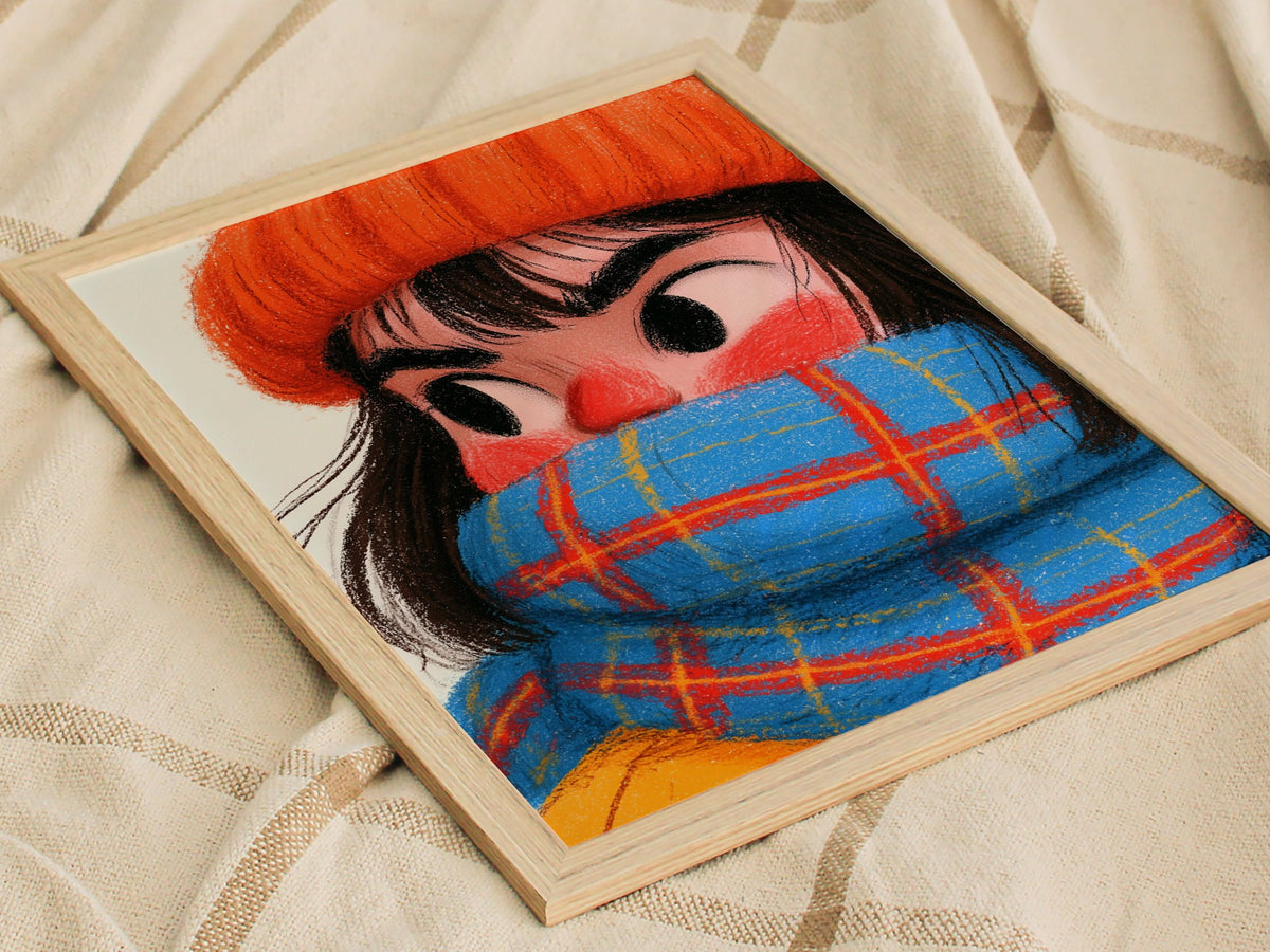 Girl Bundles Up Poster | Orange and Blue Illustrative Art Print | Kids Room Wall Art — styled in an interior