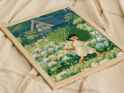 Harvest Walk Home Poster | Blue and Cream Illustrative Art Print | Cottagecore Wall Art — styled in an interior