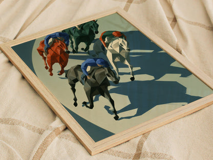 Jockeys Take the Turn Poster | Cobalt and Rust Low Poly Art Print | Modern Sports Wall Art — styled in an interior