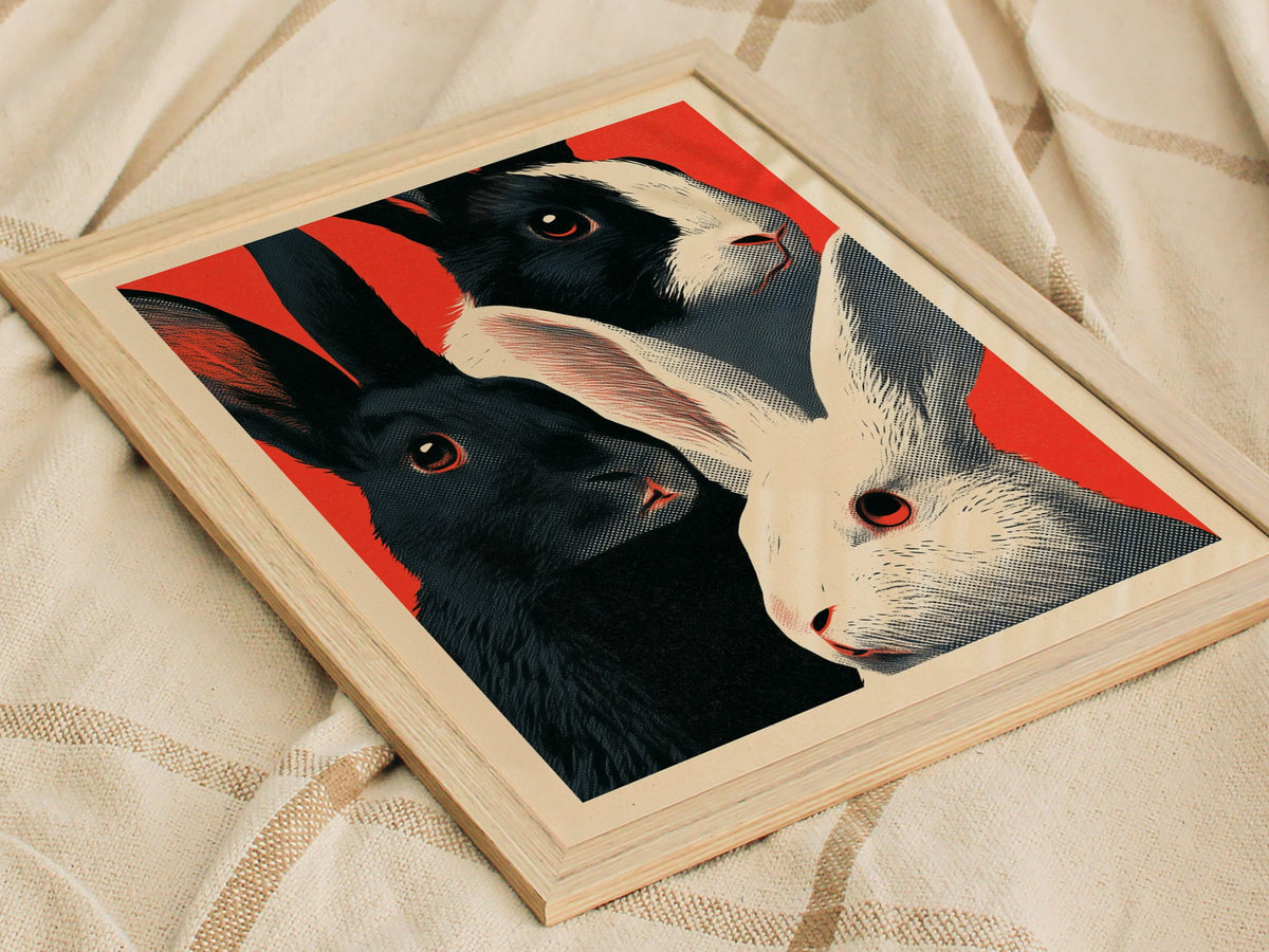 Tuxedo Rabbits Yellow Poster | Mustard and Black Screen Print Art Print | Animal Advocacy Wall Art — styled in an interior