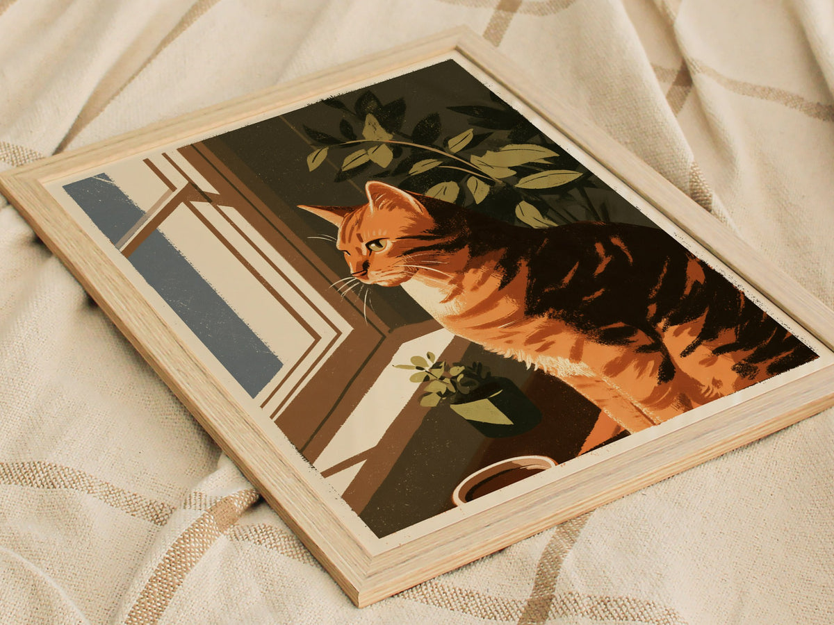 Cat Watches Morning Poster | Warm Ochre Illustrative Art Print | Cat Lover Wall Art — styled in an interior