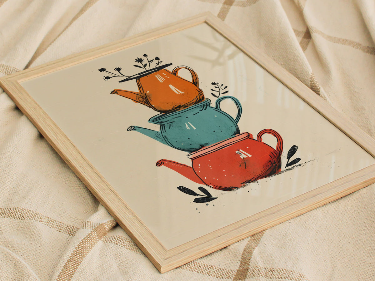 Stacked Teapots Poster | Coral and Teal Illustrative Art Print | Kitchen Wall Art — styled in an interior