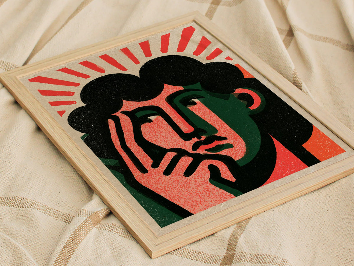 Thinker Touches Temple Poster | Coral and Green Screen Print Art Print | Modernist Wall Art — styled in an interior