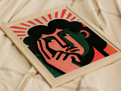 Thinker Touches Temple Poster | Coral and Green Screen Print Art Print | Modernist Wall Art — styled in an interior