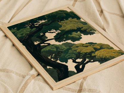 Under the Pines Poster | Forest Green Japanese Woodblock Art Print | Nature Lovers Wall Art — styled in an interior