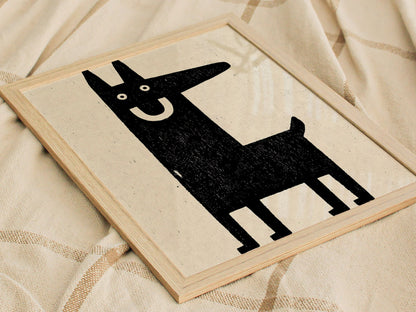 Grinning Dog Poster | Black and Cream Screen Print Art Print | Folk Art Wall Art — styled in an interior
