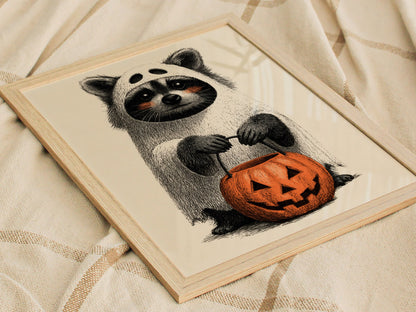 Raccoon Trick-or-treats Poster | Gray and Orange Pen and Ink Art Print | Halloween Wall Art — styled in an interior