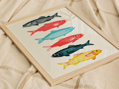 six-swimming-fish Poster | Teal and Coral Screen Print Art Print | Coastal Wall Art — styled in an interior