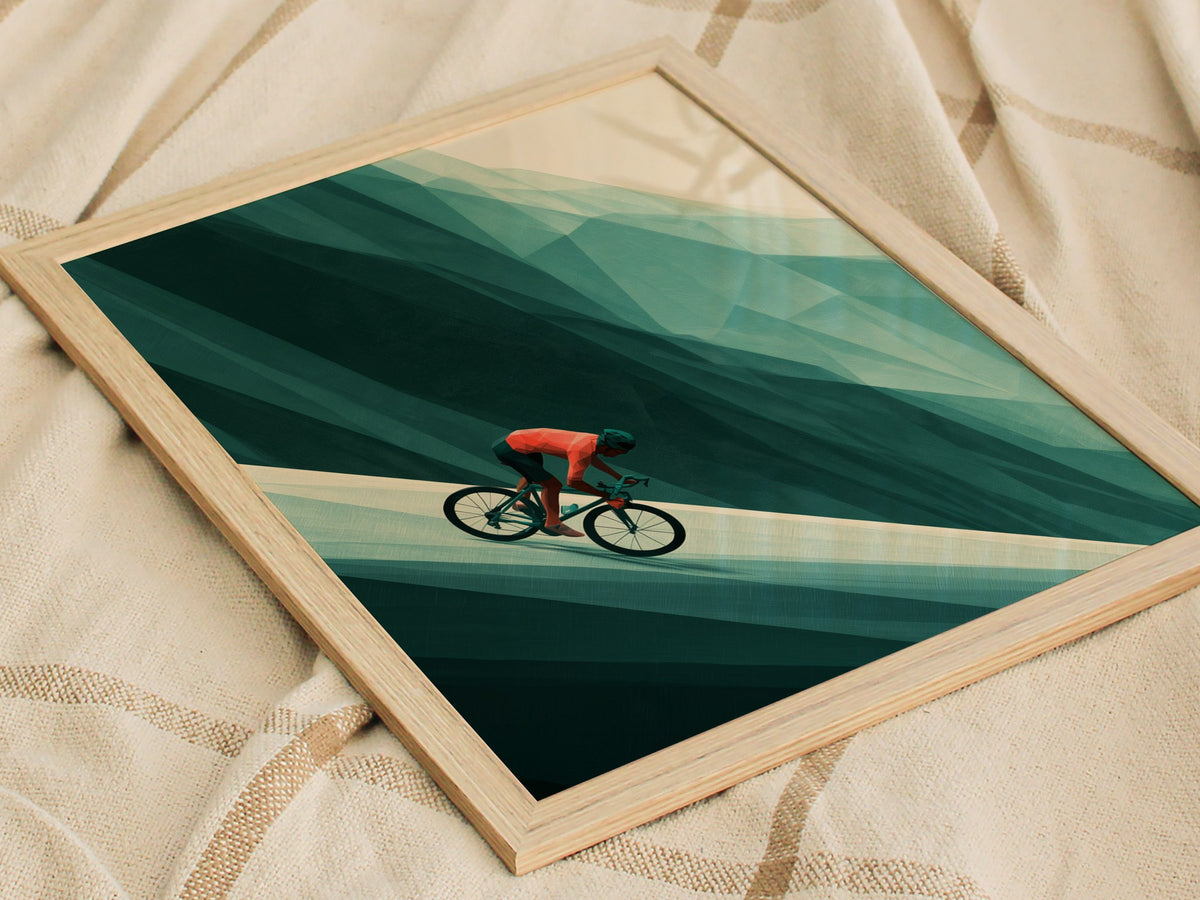 Cyclist Claims Hill Poster | Coral and Forest Low Poly Art Print | Cycling Wall Art — styled in an interior
