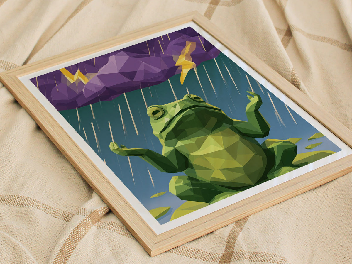 Toad Conducts Rain Poster | Green and Purple Low Poly Art Print | Kids Room Wall Art — styled in an interior