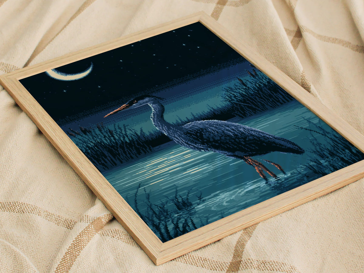 Heron Finds Moonlight Poster | Teal and Navy Pixel Art Print | Retro Gaming Wall Art — styled in an interior