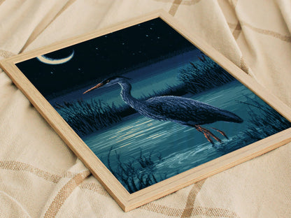 Heron Finds Moonlight Poster | Teal and Navy Pixel Art Print | Retro Gaming Wall Art — styled in an interior