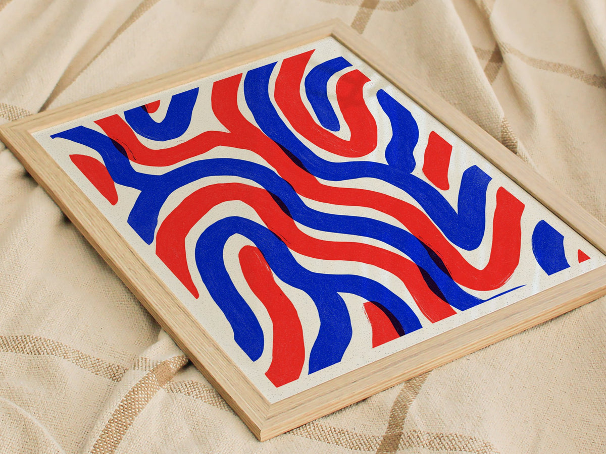 Woven Currents Poster | Coral and Cobalt Abstract Art Print | Modern Coastal Wall Art — styled in an interior