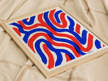 Woven Currents Poster | Coral and Cobalt Abstract Art Print | Modern Coastal Wall Art — styled in an interior