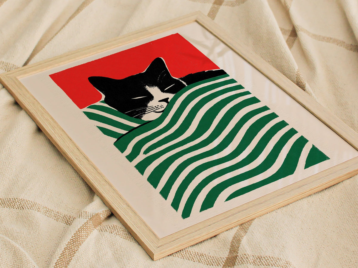 Cat Under Striped Blanket Poster | Green and Red Screen Print Art Print | Cat Lover Wall Art — styled in an interior