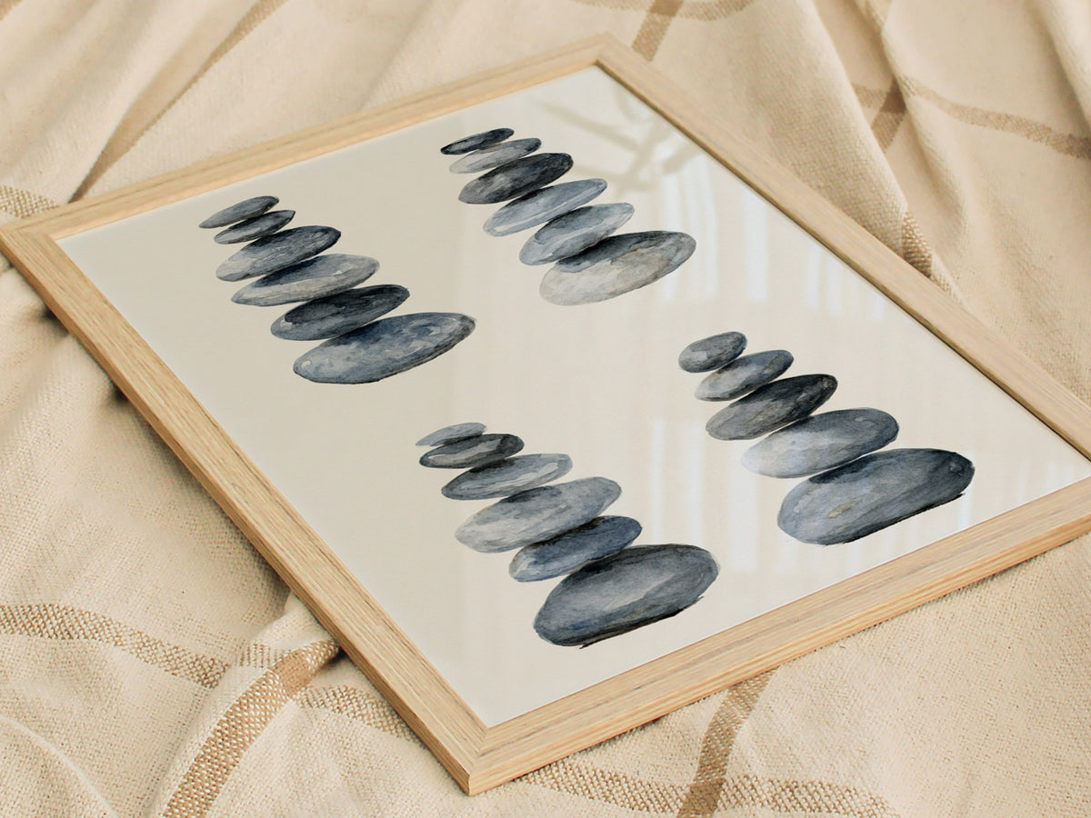 Four Stone Arrangements Poster | Gray and Blue-Gray Japanese Watercolor Art Print | Minimalist Wall Art — styled in an interi