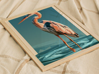 Heron Stands Lagoon Poster | Teal and Orange Low Poly Art Print | Modern Minimalist Wall Art — styled in an interior
