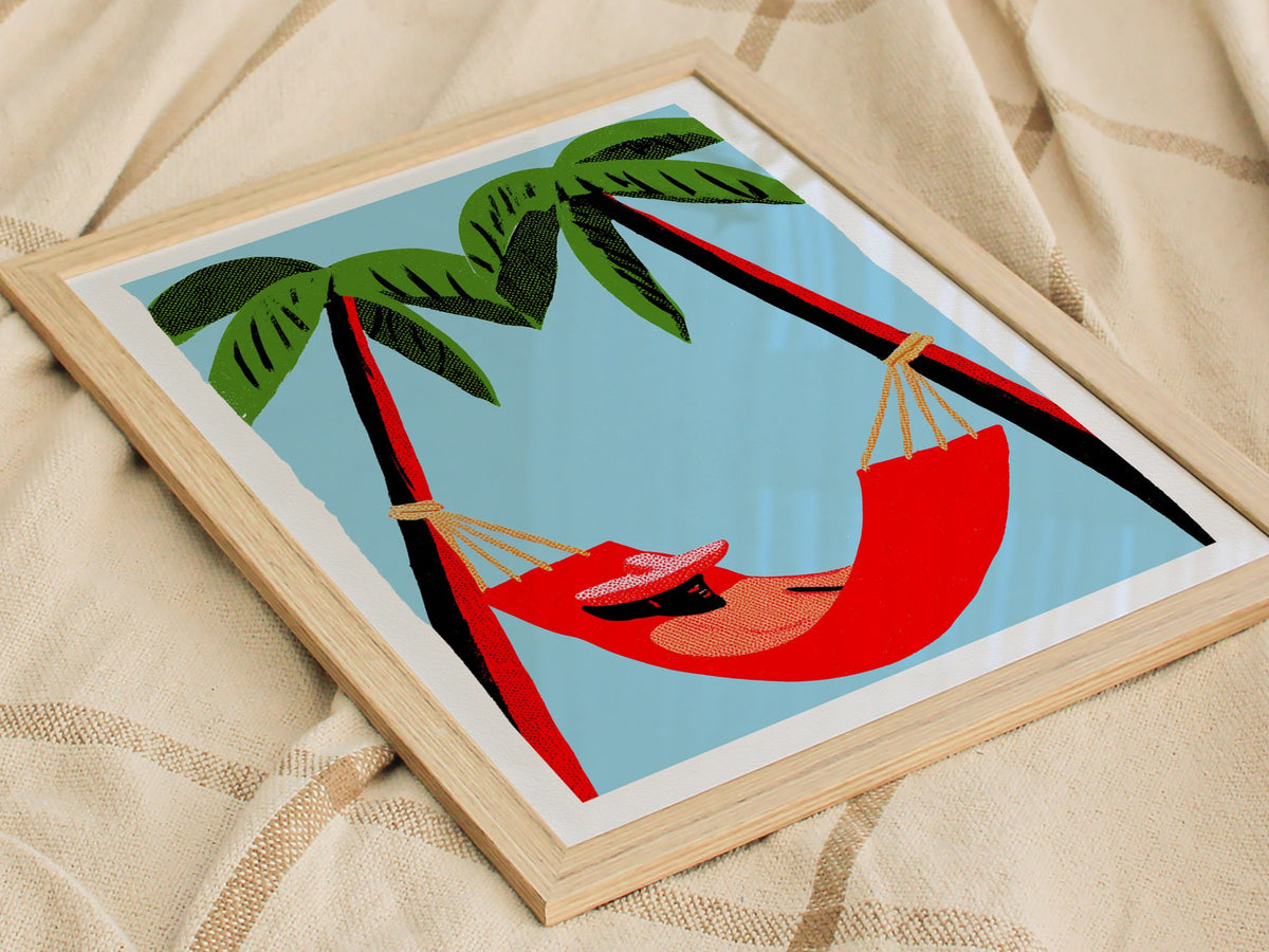 Hammock Afternoon Poster | Blue and Emerald Screen Print Art Print | Tropical Wall Art — styled in an interior