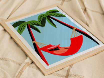 Hammock Afternoon Poster | Blue and Emerald Screen Print Art Print | Tropical Wall Art — styled in an interior
