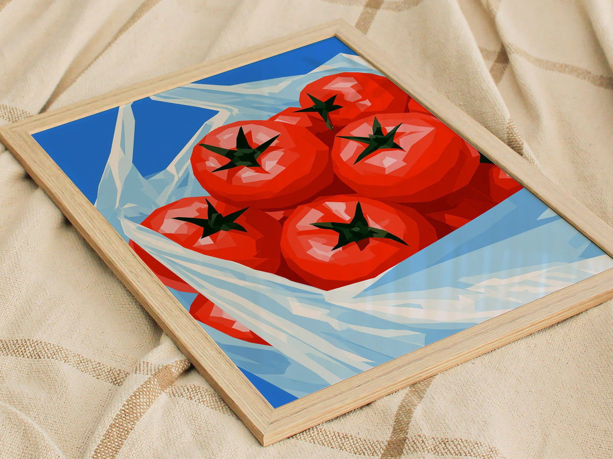 Tomatoes Coming Home Poster | Cobalt and Red Low Poly Art Print | Kitchen Wall Art — styled in an interior