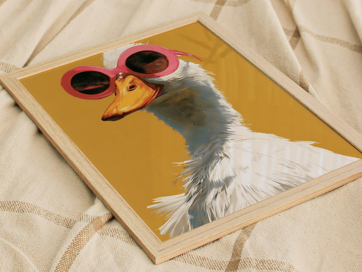 Duck in Pink Shades Poster | Mustard and Pink Screen Print Art Print | Playful Modern Wall Art — styled in an interior