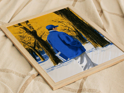 Reader Walks Blue Poster | Cobalt and Green Illustrative Art Print | Book Lovers Wall Art — styled in an interior