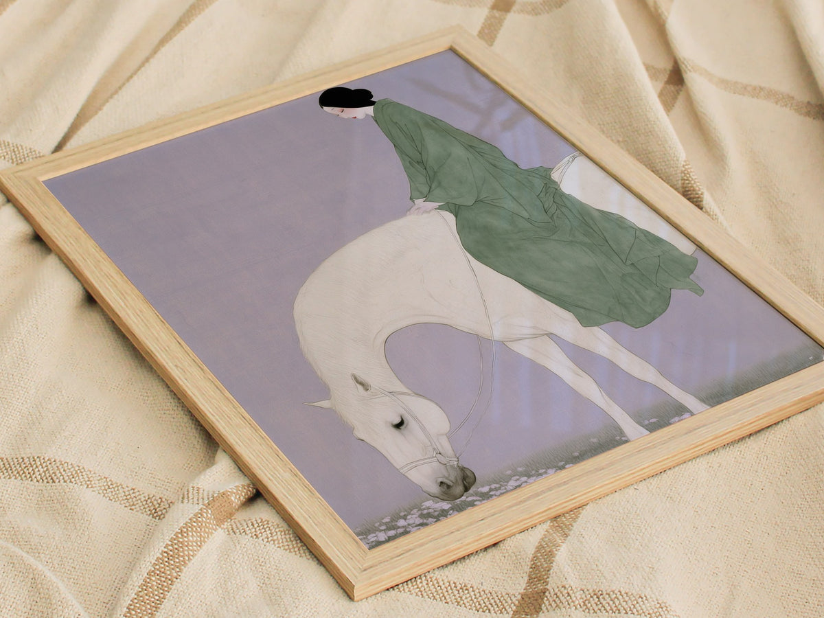 Lady Rides White Poster | Sage and Cream Japanese Watercolor Art Print | Minimalist Wall Art — styled in an interior