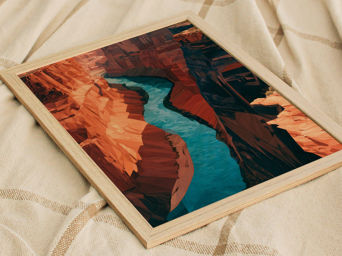 Canyon Holds River Poster | Turquoise and Ochre Low Poly Art Print | Modern Minimalist Wall Art — styled in an interior