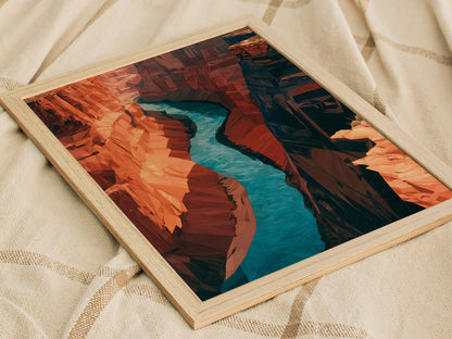 Canyon Holds River Poster | Turquoise and Ochre Low Poly Art Print | Modern Minimalist Wall Art — styled in an interior