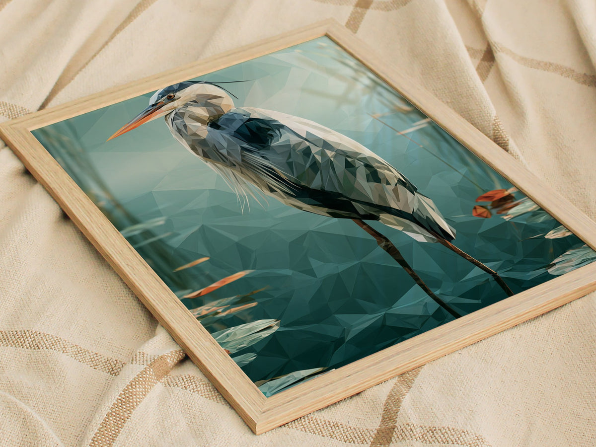 Heron Guards Shallows Poster | Teal and Slate Low Poly Art Print | Modern Minimal Wall Art — styled in an interior