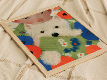 Boy With Westie Poster | Blue and Green Illustrative Art Print | Contemporary Wall Art — styled in an interior