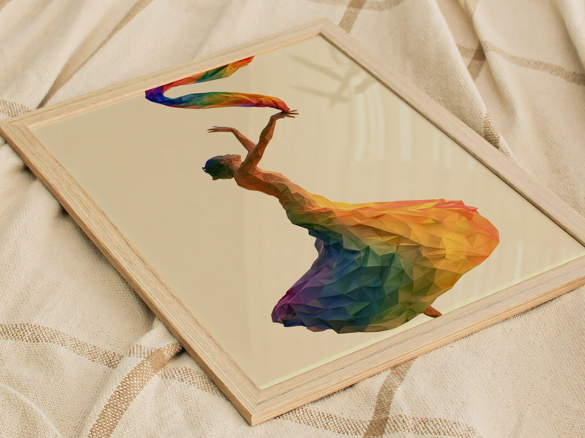 Dancer Unfurls Rainbow Poster | Rainbow Jewel Tones Low Poly Art Print | Modern Minimalist Wall Art — styled in an interior