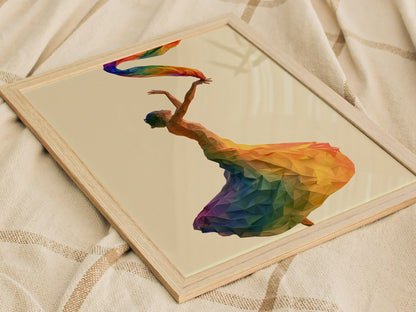 Dancer Unfurls Rainbow Poster | Rainbow Jewel Tones Low Poly Art Print | Modern Minimalist Wall Art — styled in an interior