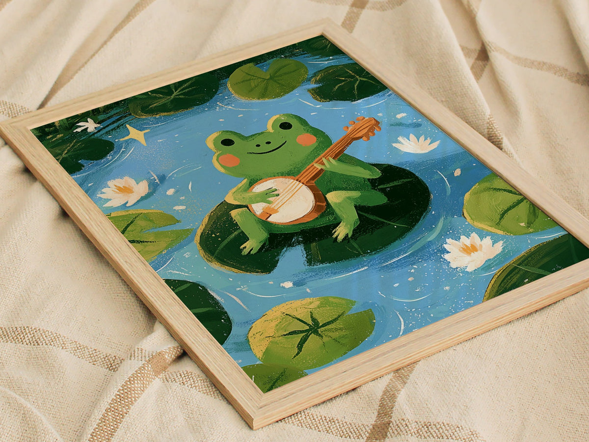 Frog Plays Banjo Poster | Lime and Teal Cute Art Print | Kids Room Wall Art — styled in an interior