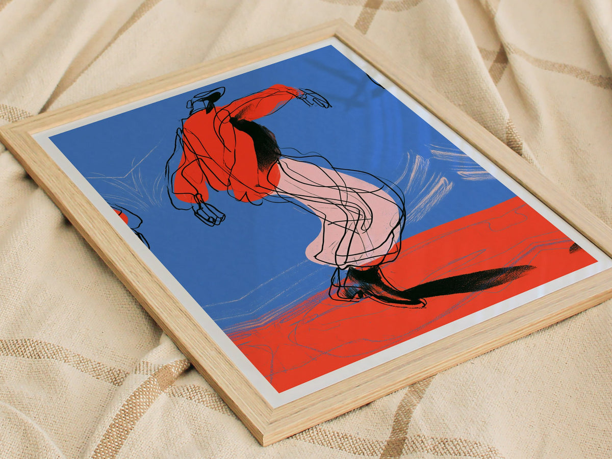 Dancer Kicks Blue Poster | Blue and Red Illustrative Art Print | Dance Wall Art — styled in an interior