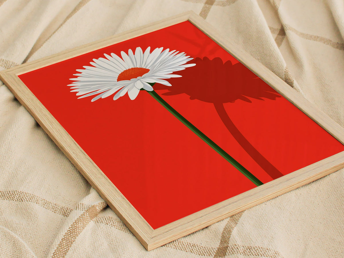 White Daisy on Red Poster | Red and White Flat Design Art Print | Modernist Wall Art — styled in an interior