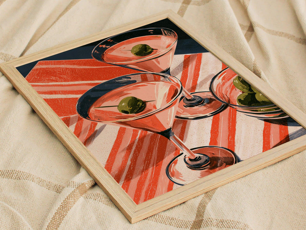Striped Martini Still Life Poster | Red and Pink Illustrative Art Print | Kitchen Wall Art — styled in an interior