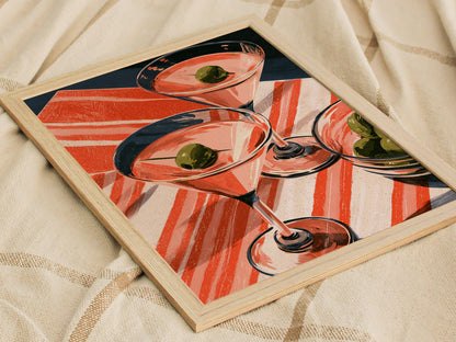 Striped Martini Still Life Poster | Red and Pink Illustrative Art Print | Kitchen Wall Art — styled in an interior