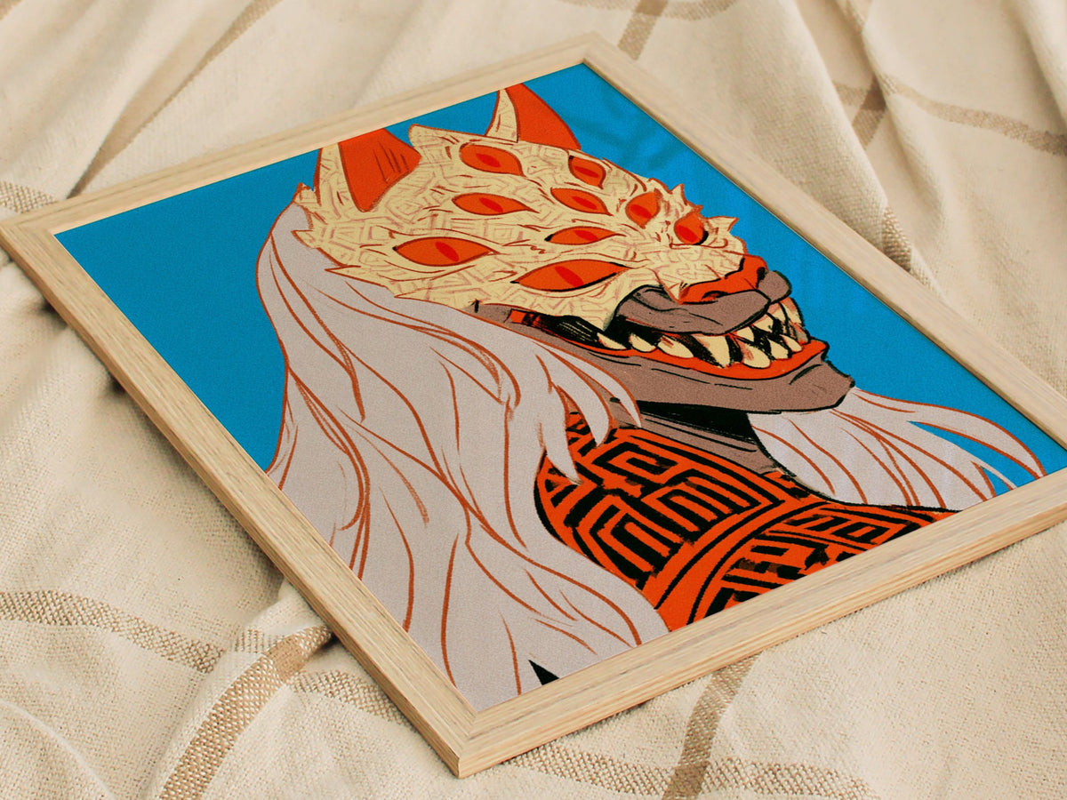 Fox Mask Grin Poster | Orange and Blue Illustrative Art Print | Dark Fantasy Wall Art — styled in an interior