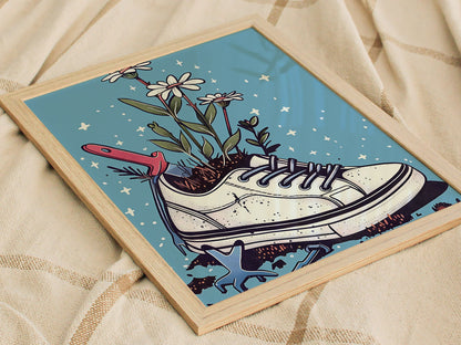 Sneaker Garden Poster | Blue and Coral Illustrative Art Print | Plant Lover Wall Art — styled in an interior